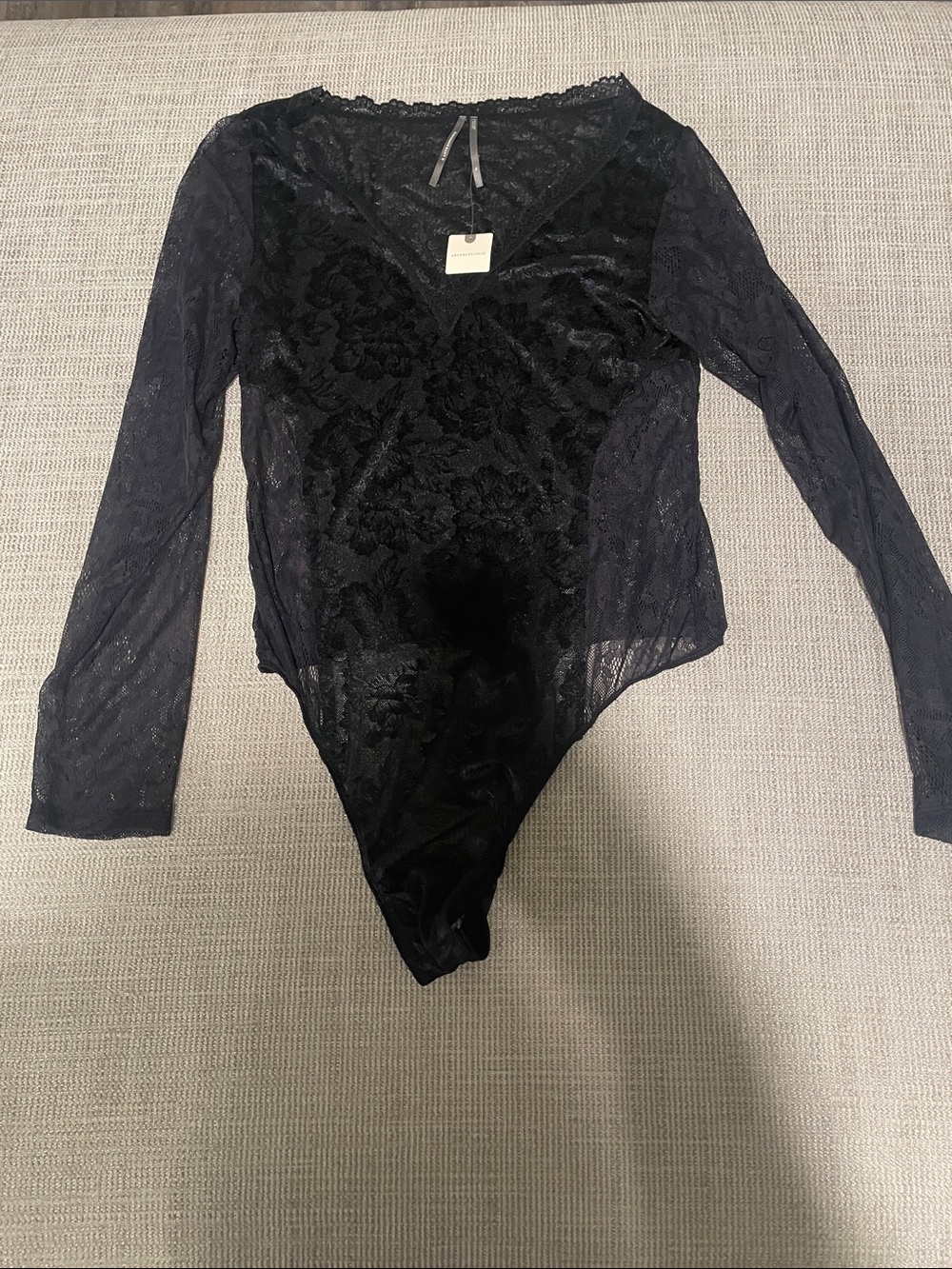 Anthropologie Black Sheer Floral Lace Long-Sleeve Bodysuit